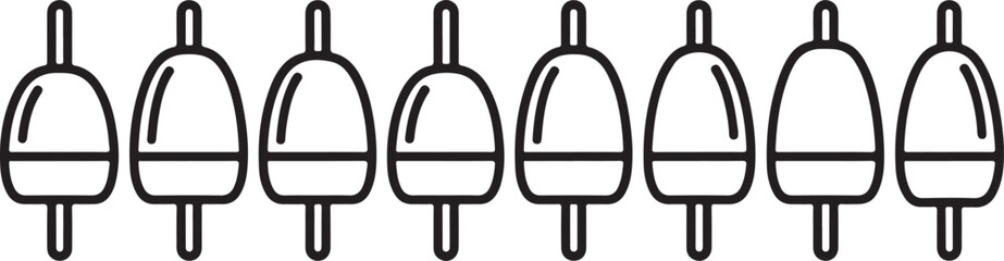 Seven identical black and white fishing bobbers lined up in a row Vector © Runa