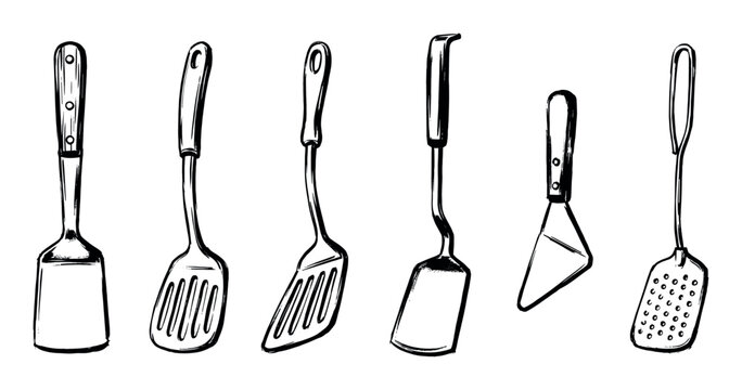 Collection of various kitchen spatulas is depicted in a hand-drawn sketch style with black lines.