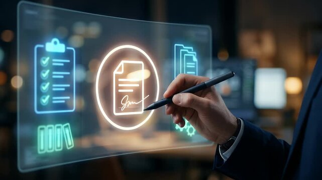 Capture a professional signing process with a close-up of a hand using a digital pen on a holographic document, complemented by a slow pan through a sleek, modern office environment, in a cinematic st