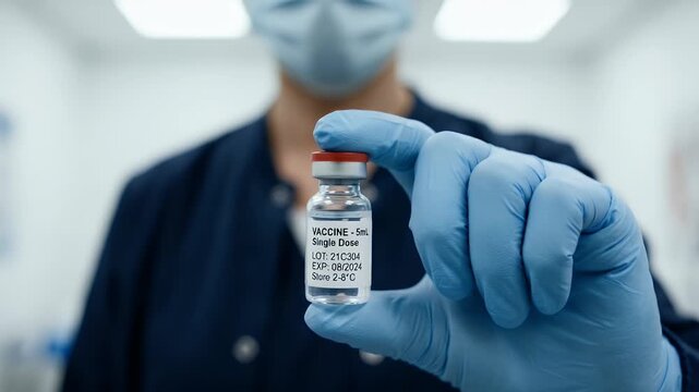 Capture a realistic scene of a healthcare professional gently holding a vaccine vial, with a slow pan across the sterile environment, highlighting the importance of vaccinations in public health.