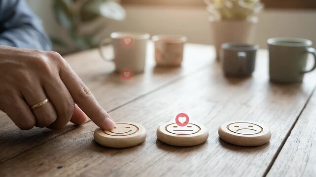 Capture a serene scene of a hand gently pressing a wooden emoticon token on a rustic table, with a slow pan across warm coffee mugs, evoking emotions in a realistic, intimate setting.