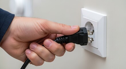 A person is plugging a black electrical cord into a white wall outlet. The hand is holding the plug firmly, and the outlet is mounted on a light-colored wall.