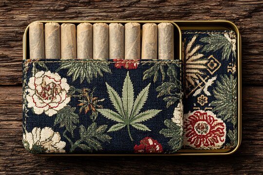 Cigarette box with cannabis leaf design.
