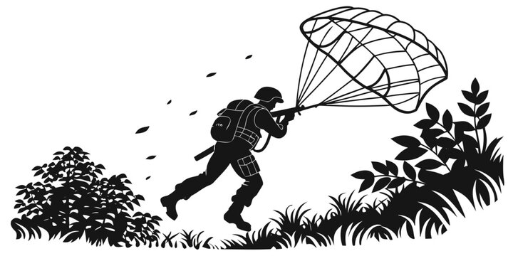a person runs with a parachute on their back Vector