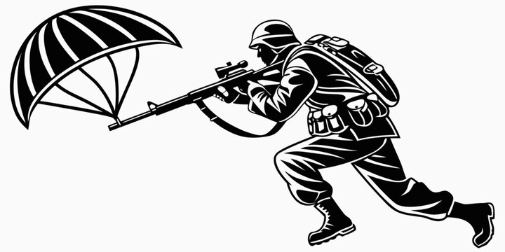 a soldier parachuting down with a machine gun Vector