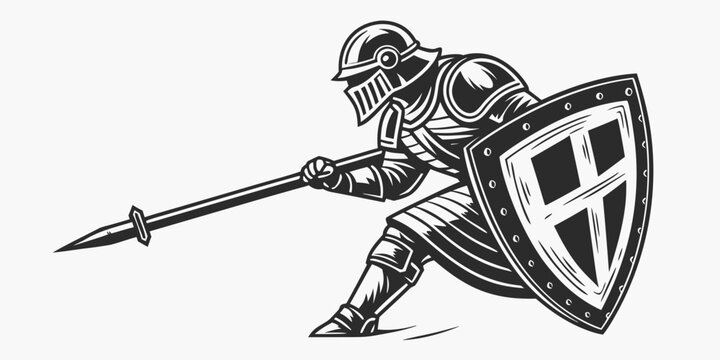 a medieval knight in armor holding a shield and spear Vector