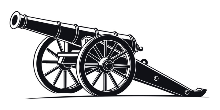 a black and white drawing of a cannon on wheels Vector