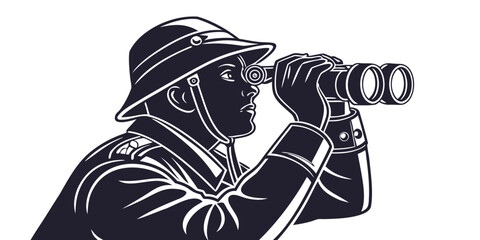 a man in a safari hat looking through binoculars Vector © Mithila