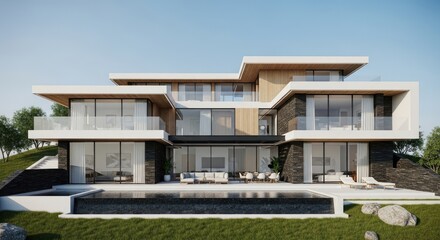 Fototapeta premium A modern, luxurious house sits on a grassy hillside overlooking a swimming pool. The house features expansive glass windows, a dark stone facade, and a sleek, minimalist design.
