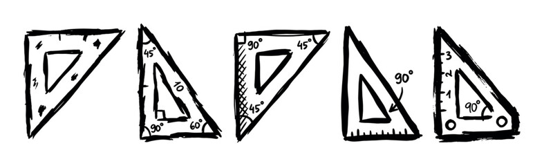 Set of hand-drawn geometric set squares with various angles and rulers, illustrating mathematical and architectural concepts.