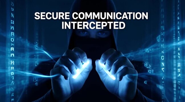 Anonymous hacker in a dark digital realm intercepts secure communication and breaches data security