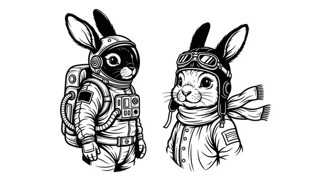 Vector illustration of 2 astronaut rabbits in space suits