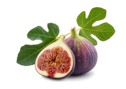 Fresh ripe figs whole and half with green leaves isolated on white background