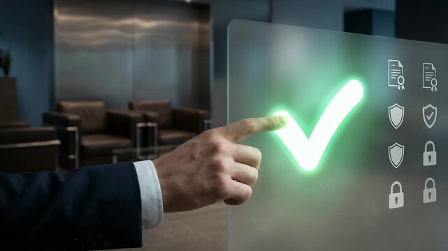 Show a professional hand interacting with a digital interface, activating a glowing checkmark, accompanied by a steady camera pan through a sleek office, creating a cinematic atmosphere of innovation 