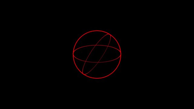 Wireframe sphere with intersecting ellipses in neon red on black globe ball