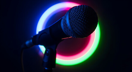 Obraz premium Microphone with colorful neon lights in the background for music or podcasting