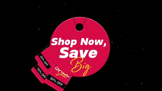 Animated red sales tags with prominent "Shop Now, Save Big" messaging, showcasing a vibrant collection of percentage discount coupons including 50% OFF, 70% OFF, and 30% OFF, dynamically moving agains