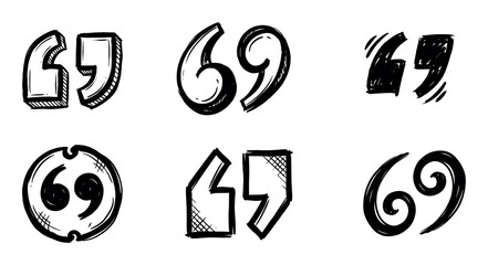 Obraz premium Set of six unique hand-drawn quotation marks and quote symbols in various artistic styles for text and communication.