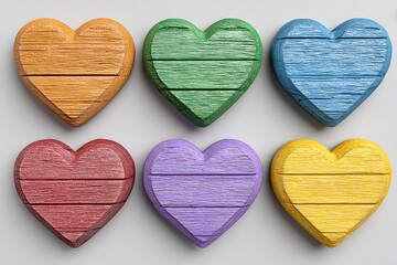 Obraz premium Colorful Wooden Hearts Arranged on White Background.
