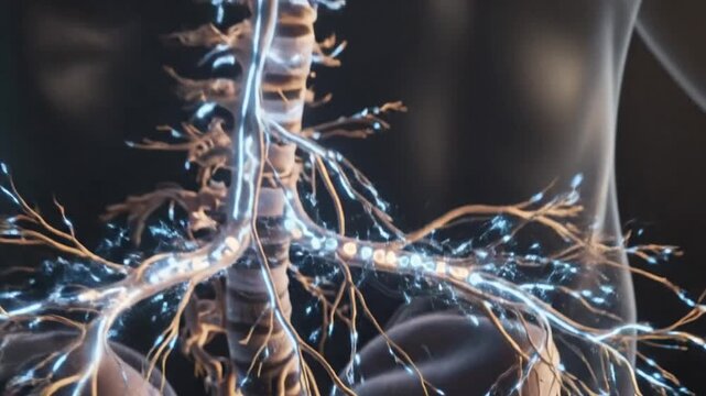 Visualizing neural pathways and the human nervous system with electrical signals pulsing through the brain and spine