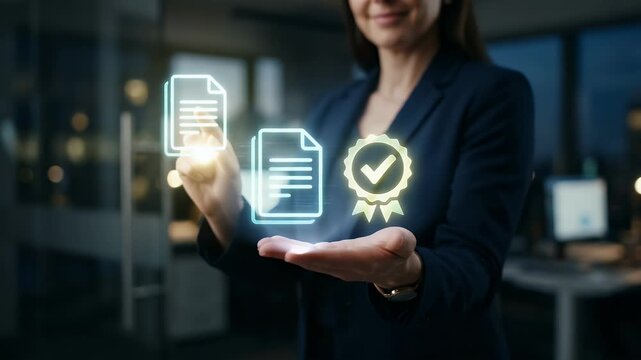 A confident professional showcases digital certification and documentation in a modern office, with gentle ambient lighting and a slow camera pan, reflecting a cinematic, innovative atmosphere.