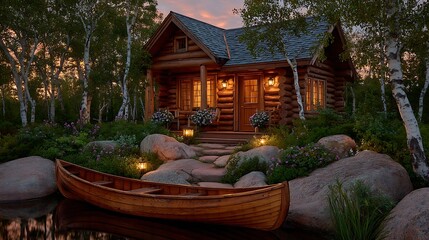 Fototapeta premium Cozy Log Cabin by Serene Lake at Dusk.