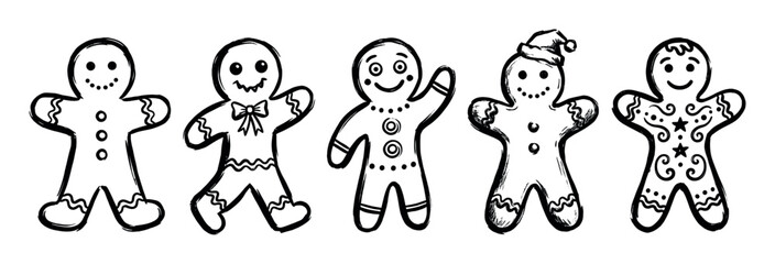 Hand-drawn sketch of five festive gingerbread men cookies for holiday designs and seasonal celebrations.