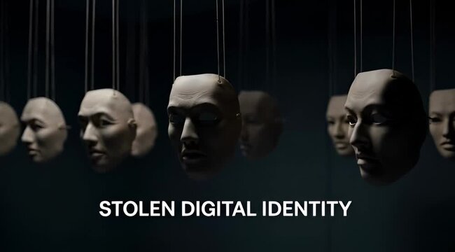 Eerie, mannequin-like faces suspended in darkness, illustrating the vulnerability of personal digital identity in modern society.