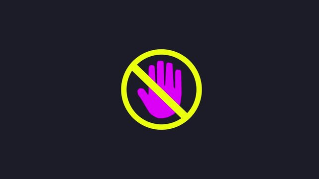 Purple hand symbol with yellow prohibition circle on dark background stop