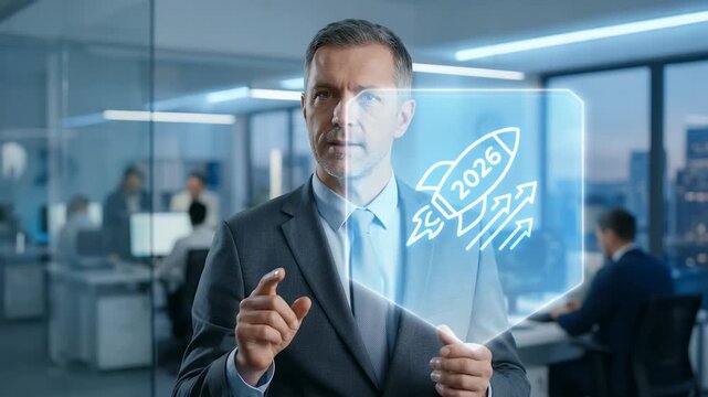 A professional businessman interacts with digital projections of growth metrics in a modern office, featuring a slow pan across the scene for a cinematic, corporate video atmosphere.
