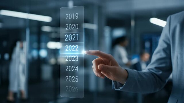 A professional in a business suit gently interacts with a digital timeline, highlighting the year 2021, while the camera slowly pans across a modern office setting, capturing a cinematic ambiance of i