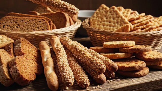 Various baked goods arranged on a wooden table with breadsticks, crackers, and slices of bread