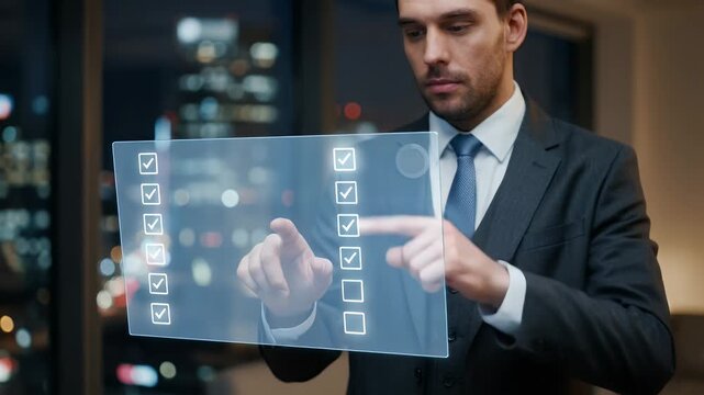 A professional man interacts with a holographic checklist, showcasing futuristic technology in a sleek office environment, captured with a slow pan and ambient city lights creating a cinematic atmosph