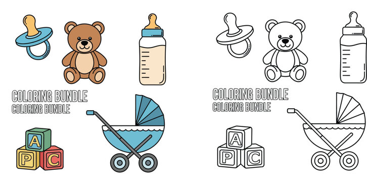 Baby items vector icon coloring bundle. Pacifier, teddy bear, bottle, blocks and stroller in color and black and white outline.