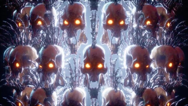 Scary skull 3d animation, 3d video, loop, Vj, Dj, 3d Loop Vj with glowing eyes and detailed metal texture, perfect for spooky events and dark music visuals