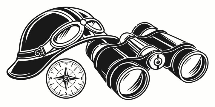 a pair of binoculars and a captain's hat with a compass Vector