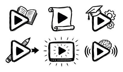 Hand-drawn video play button icons illustrating various concepts of online learning, education, and digital content creation.