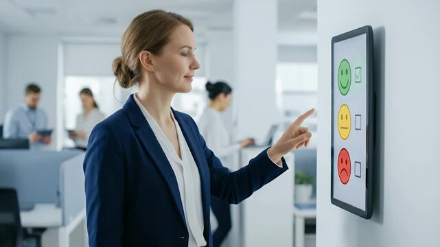 A professional woman interacts with a digital feedback screen, gently tapping the interface as the camera smoothly pans, capturing the modern office ambiance in a cinematic style.