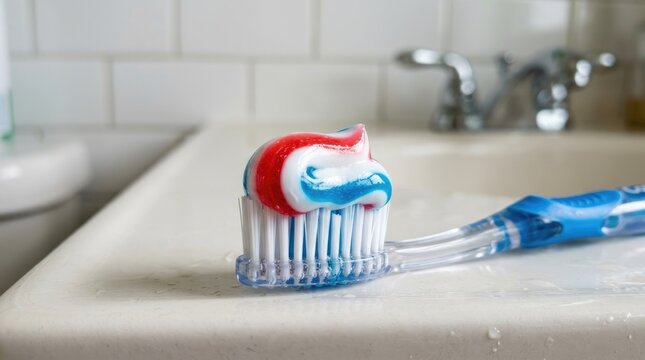 A toothbrush with toothpaste is positioned on a white countertop in a bathroom. The toothpaste is a patriotic red, white, and blue color scheme.