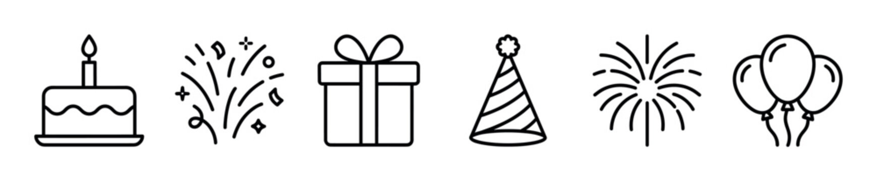 Collection of black outline celebration icons including a birthday cake, confetti, gift box, party hat, fireworks, and balloons, representing festive occasions.