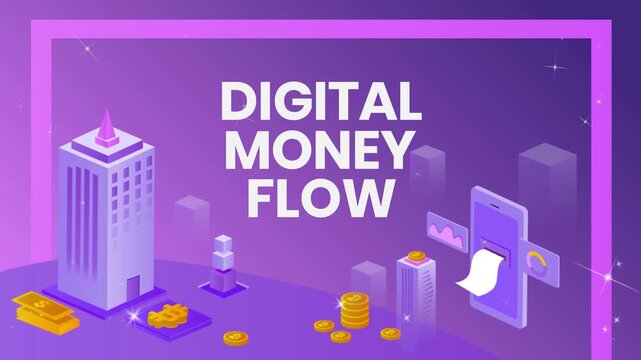 Digital money flow animation showing cryptocurrencies and secure electronic transactions moving from a smartphone application to various financial institutions, data storage, and investment structures