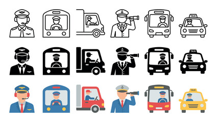 Collection of transportation personnel icons featuring pilots, bus drivers, truck drivers, captains, and taxi drivers in various styles.