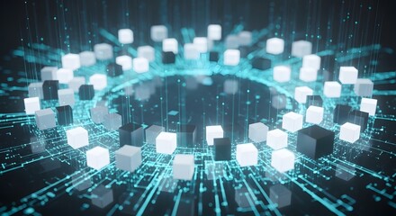 Fototapeta premium Abstract digital technology background with glowing data cubes and circuit lines