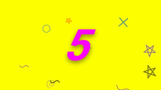 A colorful countdown timer from ten to one with playful animated shapes on a yellow background