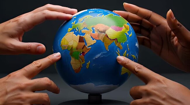 Diverse hands encircling a globe, emphasizing global connections and collaborative efforts