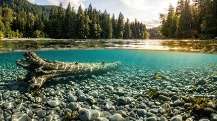 Poster Reflectie Crystal clear riverbed with a submerged log and lush forest reflected on the sunlit water surface  © Daffa