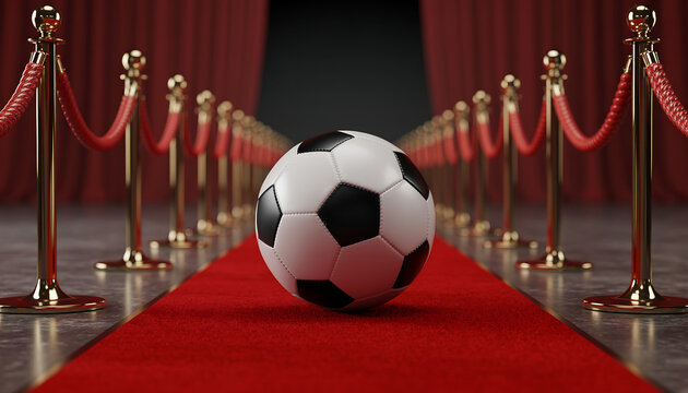 Soccer ball on a red carpet in a studio with spotlight lighting