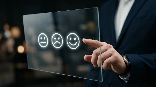 Capture a professional in a suit interacting with a transparent display showcasing emoticons, with a slow camera pan revealing ambient office motion, in a sleek, cinematic style.