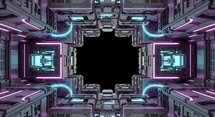 Fototapeta premium Futuristic sci fi corridor with glowing neon lights and geometric structure