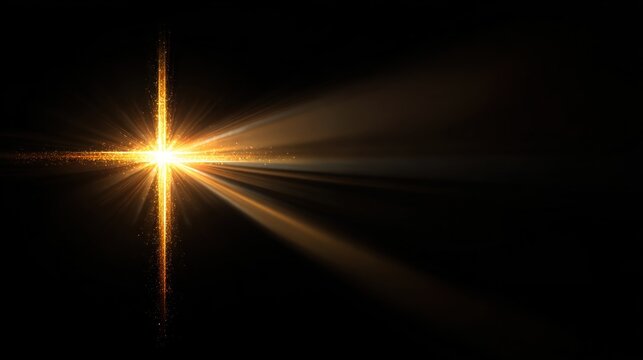 A golden cross with rays of light emanating from it against a black background.